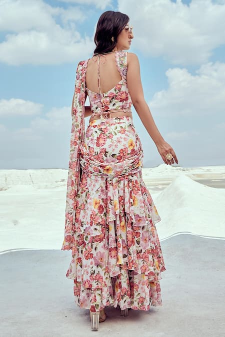 Nikita Vishakha Pink Floral Printed Pre-Draped Saree 