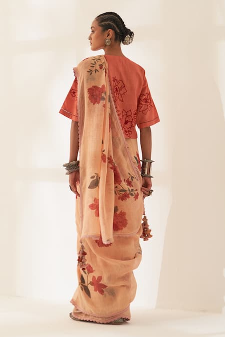 Kasturi Kundal Gulmohar Pure Linen Handloom Saree With Unstitched Blouse 