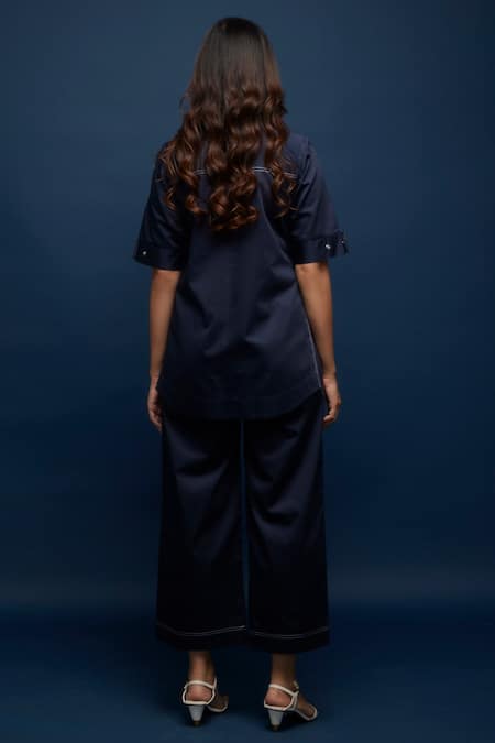 Shop Escape By Aishwarya Blue Cotton Satin Embroidery Collared Side Open Tich Shirt at Aza Fashions Shop_Escape By Aishwarya_Blue Cotton Satin Embroidery Collared Side Open Tich Shirt _at_Aza_Fashions