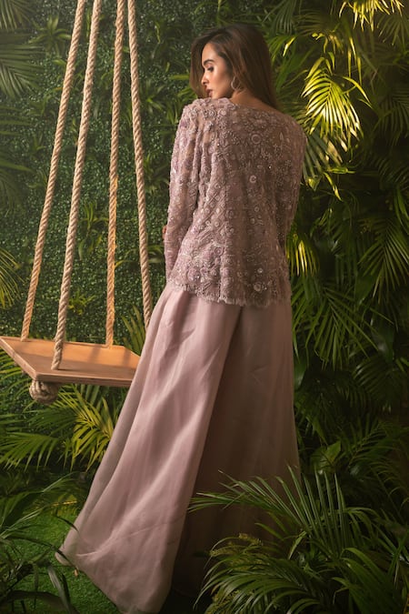 Shop Pallavi Poddar Purple Organza, Satin, Lycra Beads, Bandhan Embroidered Jacket And Sharara Set at Aza Fashions Shop_Pallavi Poddar_Purple Organza, Satin, Lycra Beads, Bandhan Embroidered Jacket And Sharara Set _at_Aza_Fashions