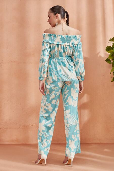 Shop Label Deepika Nagpal Blue Silk Satin Embroidery Off-shoulder Florence Off Frill Top at Aza Fashions Shop_Label Deepika Nagpal_Blue Silk Satin Embroidery Off-shoulder Florence Off Frill Top_at_Aza_Fashions