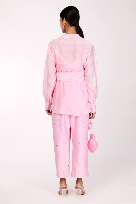 Shop Komal Shah Pink Inner And Lining Butter Crepe, Top & Pant Chanderi Embroidered Set at Aza Fashions Shop_Komal Shah_Pink Inner And Lining Butter Crepe, Top & Pant Chanderi Embroidered Set_at_Aza_Fashions