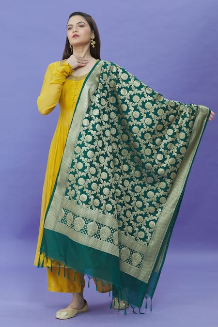 Shop_Naintara Bajaj_Green Brocade Zari, Fringe Floral Woven Banarasi Art Silk Dupatta _at_Aza_Fashions