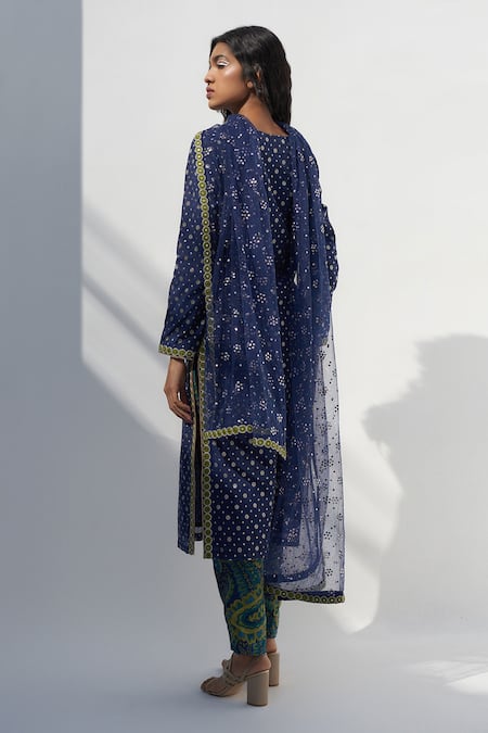 Shop_Nadima Saqib_Blue Jacquard, Chanderi Embroidery Round Neck Mirror Kurta _at_Aza_Fashions