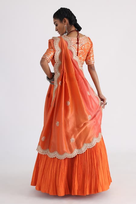 Shop_Smriti By Anju Agarwal_Orange Bamboo, Taffeta, Organza, Net, Tissue Pleated Lehenga Blouse Set _at_Aza_Fashions