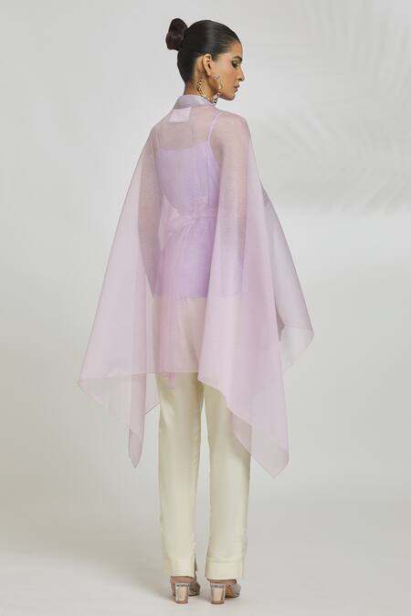 Shop Amit Aggarwal Purple Organza Embroidery V-neck Metallic Wave Pattern Draped Cape Top at Aza Fashions Shop_Amit Aggarwal_Purple Organza Embroidery V-neck Metallic Wave Pattern Draped Cape Top_at_Aza_Fashions