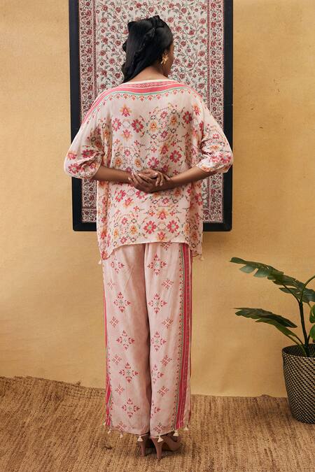 Shop_Soup by Sougat Paul_Pink Crepe Embroidery, Sequins Round Neck Zahra Printed Co-ord Set _at_Aza_Fashions