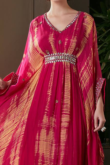 Shop Kisneel By Pam Pink Sequins V-neck Embroidered Kaftan And Pant Set at Aza Fashions Shop_Kisneel By Pam_Pink Sequins V-neck Embroidered Kaftan And Pant Set_at_Aza_Fashions