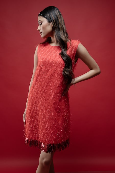 Shop Pocket Stories Red Georgette Tassels Round Neck Monochrome Shift Dress at Aza Fashions Shop_Pocket Stories_Red Georgette Tassels Round Neck Monochrome Shift Dress _at_Aza_Fashions