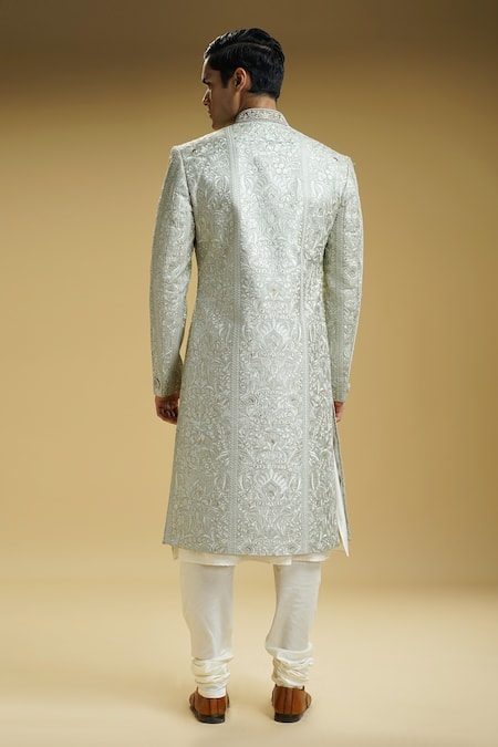 Shop Kommal Sood Green , Satin, Cotton Embroidery, Beads Mandala Flower Sherwani Set at Aza Fashions Shop_Kommal Sood_Green , Satin, Cotton Embroidery, Beads Mandala Flower Sherwani Set _at_Aza_Fashions
