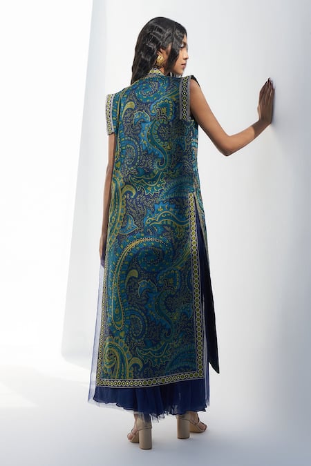 Shop Nadima Saqib Blue Denim Embroidery, Mirrors Round Neck Paisley Print Long Jacket at Aza Fashions Shop_Nadima Saqib_Blue Denim Embroidery, Mirrors Round Neck Paisley Print Long Jacket _at_Aza_Fashions