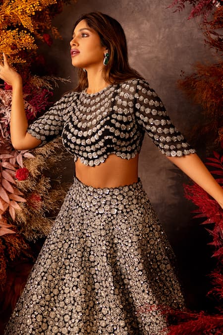 Shop_Mrunalini Rao_Black Raw Silk Embroidered Cherry Taara Bloom Bridal Lehenga Set  _at_Aza_Fashions