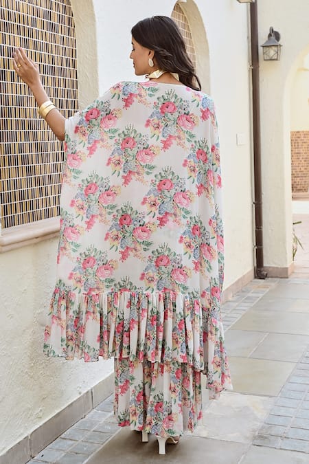 Palak & Mehak Rhea Vintage Floral Print Kaftan Cape & Flared Pant Set 
