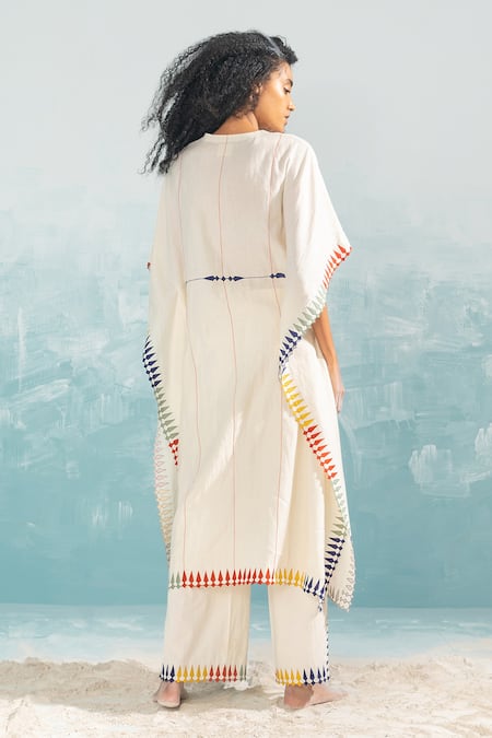 Shop Ikai By Ragini Ahuja Ivory Cotton, Silk, Chanderi Embroidery Round Neck Nile Multi-applique Kaftan at Aza Fashions Shop_Ikai By Ragini Ahuja_Ivory Cotton, Silk, Chanderi Embroidery Round Neck Nile Multi-applique Kaftan_at_Aza_Fashions