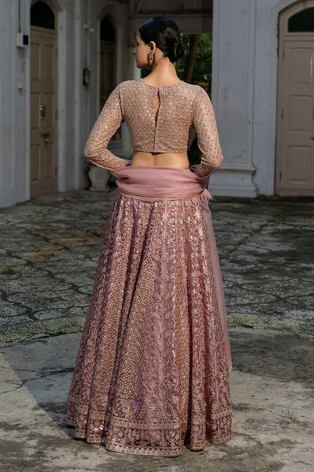 Shop_Amrin Khan_Pink Organza Sequin And Cutdana, Thread, Floral Embroidered Bridal Lehenga Set _at_Aza_Fashions