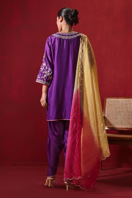 Shop Ajiesh Oberoi Purple Silk, Organza Embroidery, Gota Patti Round Preet Kurta Dhoti Pant Set at Aza Fashions Shop_Ajiesh Oberoi_Purple Silk, Organza Embroidery, Gota Patti Round Preet Kurta Dhoti Pant Set _at_Aza_Fashions