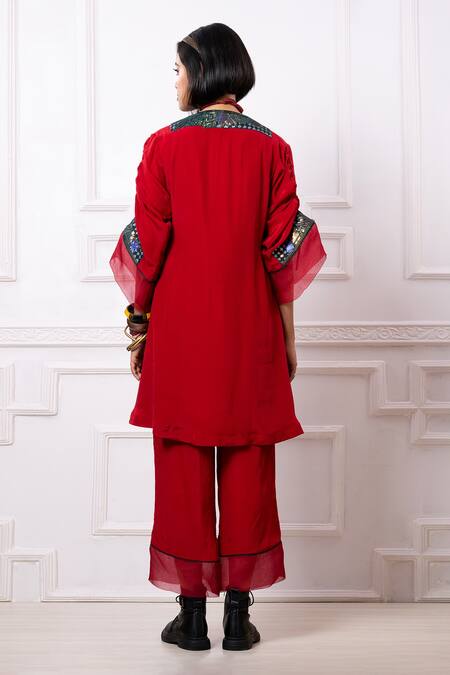 Shop Megha Garg Red Artificial Crepe Placement Embellishment Sequin V Neck Kurta With Pant at Aza Fashions Shop_Megha Garg_Red Artificial Crepe Placement Embellishment Sequin V Neck Kurta With Pant _at_Aza_Fashions