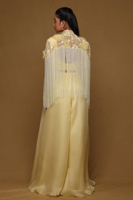 Shop Shriya Som Yellow Floral Embroidered Fringe Capelet at Aza Fashions Shop_Shriya Som_Yellow Floral Embroidered Fringe Capelet _at_Aza_Fashions