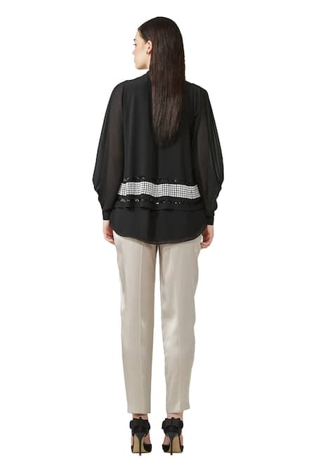 Shop Rohit Gandhi + Rahul Khanna Black Viscose Georgette Embellished Shirt Collar V Neck Embroidered at Aza Fashions Shop_Rohit Gandhi + Rahul Khanna_Black Viscose Georgette Embellished Shirt Collar V Neck Embroidered _at_Aza_Fashions