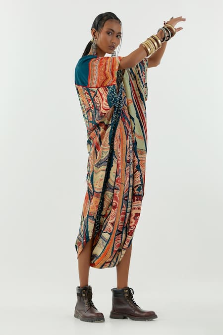 Shop_Aseem Kapoor_Multi Color Crepe V-neck Vayu Printed Kaftan Jumpsuit _at_Aza_Fashions