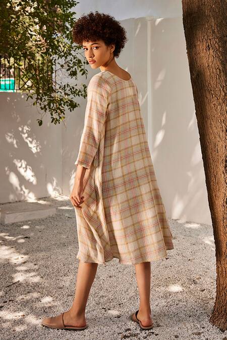 Shop_Kharakapas_Multi Color Linen Boat Neck Checkered Midi Dress _at_Aza_Fashions