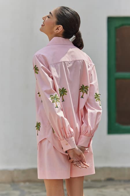 Shop Betrue Peach Cotton Embroidery Collared Hand Shirt And Shorts Set at Aza Fashions Shop_Betrue_Peach Cotton Embroidery Collared Hand Shirt And Shorts Set _at_Aza_Fashions