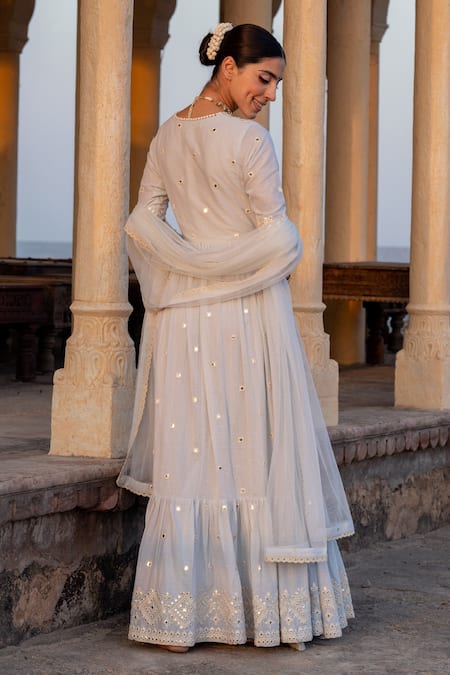 Preevin_Blue Cotton, Tulle, Net Mirrors, Diamond Pattern Angrakha Anarkali With Dupatta _Online_at_Aza_Fashions