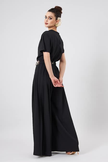 Aakaar Plain Draped Jumpsuit With Embellished Cluster Belt 