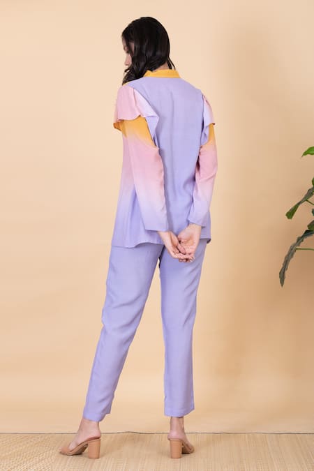 Shop Chambray & CO. Blue Silk Split V-neck Acai Ombre Shirt And Pant Set at Aza Fashions Shop_Chambray & CO._Blue Silk Split V-neck Acai Ombre Shirt And Pant Set _at_Aza_Fashions