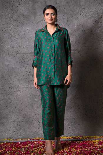 Shop Shachi Sood Green Dupion Silk Floral Collared Neck Flower Pattern Shirt And Pant Set at Aza Fashions Shop_Shachi Sood_Green Dupion Silk Floral Collared Neck Flower Pattern Shirt And Pant Set _at_Aza_Fashions