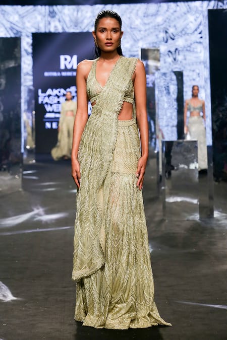 Shop_Ritika Mirchandani_Green Net Beads, Sequins, Embroidery Plunge Neck Vera Lehenga Saree With Blouse _at_Aza_Fashions