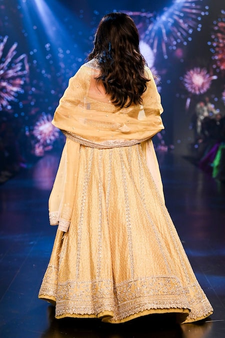 Shop Anushree Reddy Yellow Chanderi Embroidery Scoop Neck Ahilaya Floral Bridal Lehenga Set at Aza Fashions Shop_Anushree Reddy_Yellow Chanderi Embroidery Scoop Neck Ahilaya Floral Bridal Lehenga Set _at_Aza_Fashions