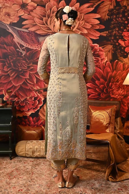 Shop Moledro Green Brocade, Net Foil Printing, Embroidery Scoop Neck Hania Nakshi Kurta Set at Aza Fashions Shop_Moledro_Green Brocade, Net Foil Printing, Embroidery Scoop Neck Hania Nakshi Kurta Set _at_Aza_Fashions