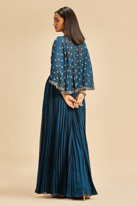 Shop Nitika Gujral Blue Georgette Embroidery Beads And Cutdana Sweetheart Cape Pleated Lehenga Set at Aza Fashions Shop_Nitika Gujral_Blue Georgette Embroidery Beads And Cutdana Sweetheart Cape Pleated Lehenga Set _at_Aza_Fashions