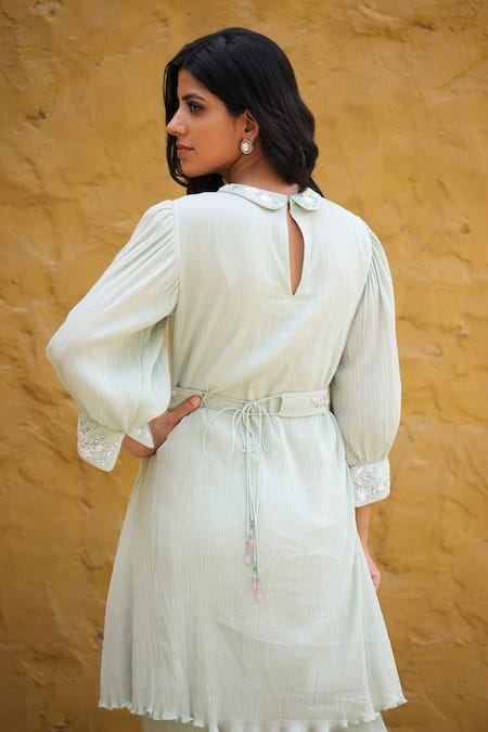 Shop_House Of Tushaom_Green Cotton Crinkled Embroidery Sequin Peter Pan Collar Mint Kurta And Set _at_Aza_Fashions