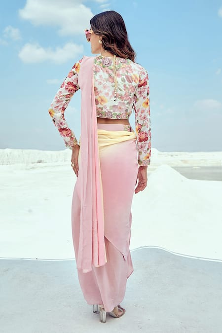 Shop_Nikita Vishakha_Purple Crepe, Georgette Embroidery V-neck Cowl Skirt Saree With Blouse _at_Aza_Fashions
