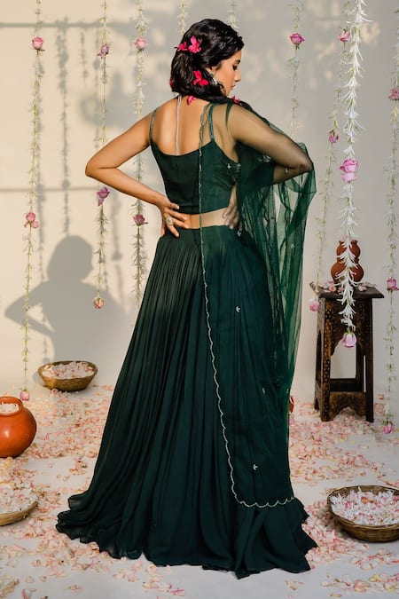 Shop_Redpine Designs_Green Viscose Georgette, Dupatta  Net Cutdana, Sequins, Layered Lehenga Set _at_Aza_Fashions