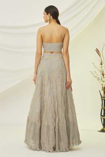 Shop Naintara Bajaj Grey Georgette Embroidered Floral Square Neck Crop Top And Lehenga Set at Aza Fashions Shop_Naintara Bajaj_Grey Georgette Embroidered Floral Square Neck Crop Top And Lehenga Set _at_Aza_Fashions