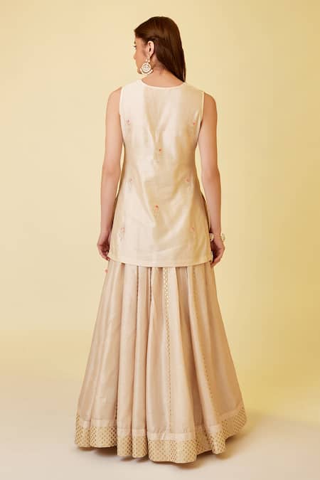 Shop Shyam Narayan Prasad White Chanderi Silk, Denim Embroidery, Thread And Work Short Kurta Skirt Set at Aza Fashions Shop_Shyam Narayan Prasad_White Chanderi Silk, Denim Embroidery, Thread And Work Short Kurta Skirt Set _at_Aza_Fashions