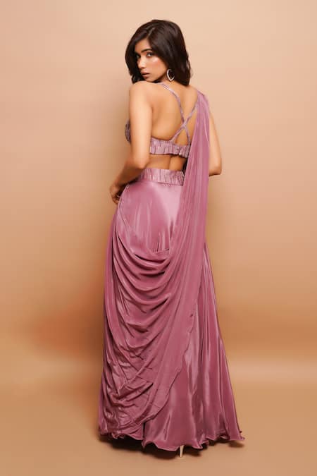 Shop_Ahi Clothing_Pink Crepe Sequins, Cut Work, Zari Sweetheart Embroidered Bustier And Lehenga Set _at_Aza_Fashions