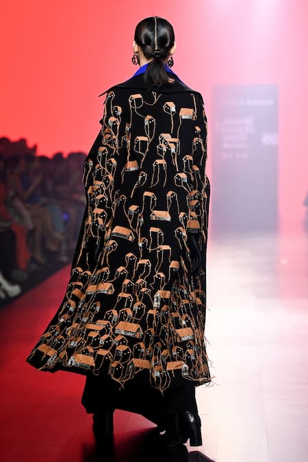 Shop Shahin Mannan Black Crepe Embroidery Collared Tiny Houses Oversized Long Coat And Wrap Skirt Set at Aza Fashions Shop_Shahin Mannan_Black Crepe Embroidery Collared Tiny Houses Oversized Long Coat And Wrap Skirt Set _at_Aza_Fashions