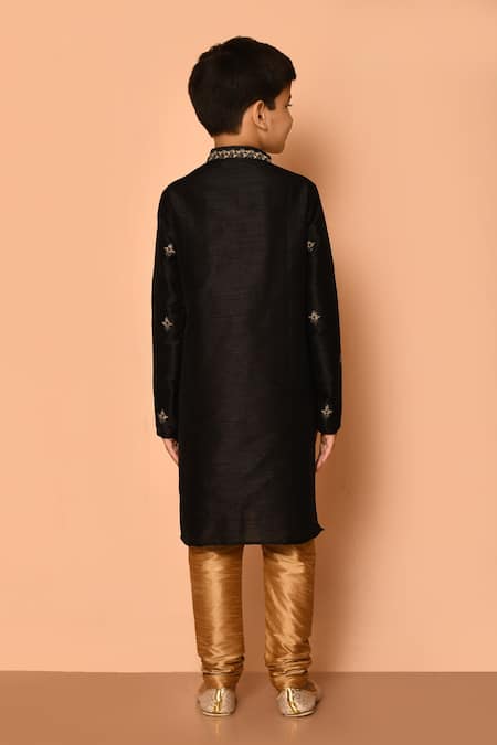 Shop Petite Pomme Black Silk Embroidery Flora Pattern Kurta And Gold Churidar Set at Aza Fashions Shop_Petite Pomme_Black Silk Embroidery Flora Pattern Kurta And Gold Churidar Set _at_Aza_Fashions