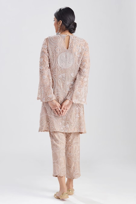 Shop_Megha Bansal_Pink Organza, Chanderi Floral, Noor Vrit Embroidered Kurta And Pant Set _at_Aza_Fashions