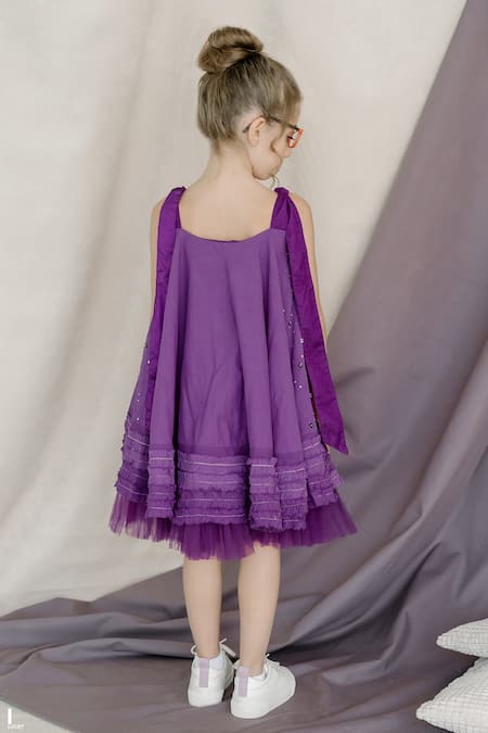 Shop Swati Golyan Purple Cotton Embroidery Sequins Frill Dress at Aza Fashions Shop_Swati Golyan_Purple Cotton Embroidery Sequins Frill Dress _at_Aza_Fashions