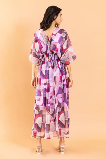 Shop Aroop Shop India Multi Color Chiffon V-neck Zayna V Printed Dress at Aza Fashions Shop_Aroop Shop India_Multi Color Chiffon V-neck Zayna V Printed Dress _at_Aza_Fashions