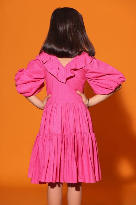 Shop Littlecheer Pink Cotton Ruffles Balloon Sleeve Tiered Dress at Aza Fashions Shop_Littlecheer_Pink Cotton Ruffles Balloon Sleeve Tiered Dress _at_Aza_Fashions