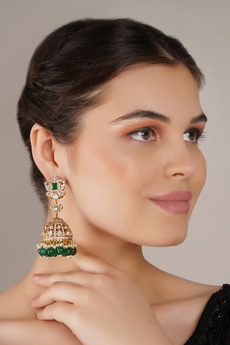 ChhavI'S Jewels_Green Stones, Pearls, Beads Kundan Embellished Jhumkas _Online_at_Aza_Fashions