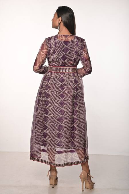 Shop_Soumodeep Dutta_Purple Silk Organza Embroidery Round Neck Block Print Sheer Midi Dress _at_Aza_Fashions