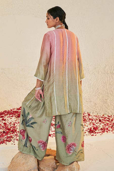 Shop Sage Saga Green Chanderi Tassels V-neck Pihu Ombre Kurta And Sharara Set at Aza Fashions Shop_Sage Saga_Green Chanderi Tassels V-neck Pihu Ombre Kurta And Sharara Set _at_Aza_Fashions