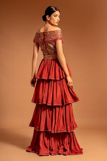 Shop_Sejal Kamdar_Maroon Pure Satin Crepe Patch Work Flower Vine Asymmetric Layered Gown  _at_Aza_Fashions